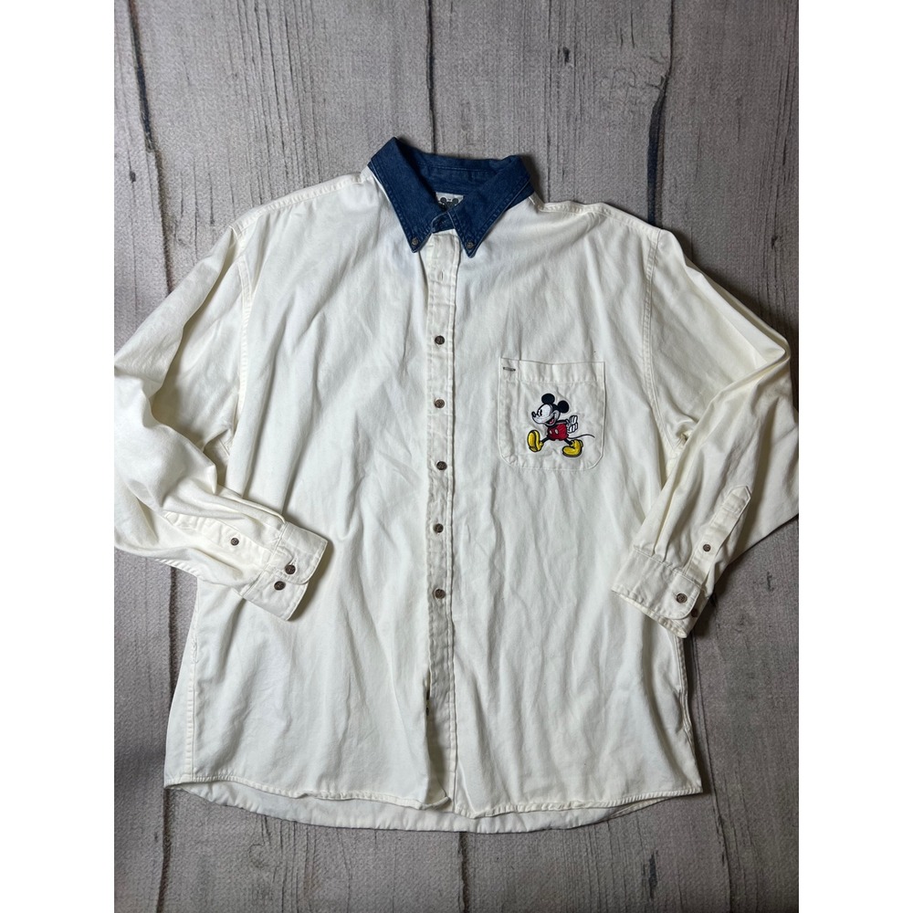 Disney Vintage Button Down Women XL Cream Mickey Mouse Denim Collar 90s Retro